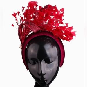 Beloved Millinery Exquisite Burgundy Wine Feathered Fascinator Headband Brooch